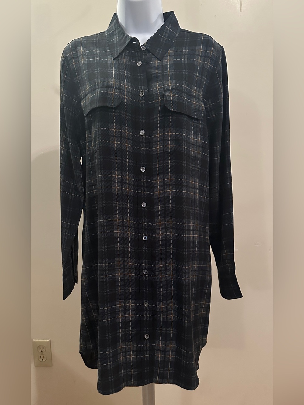 Equipment Green Plaid Button-Down Tunic Shirt